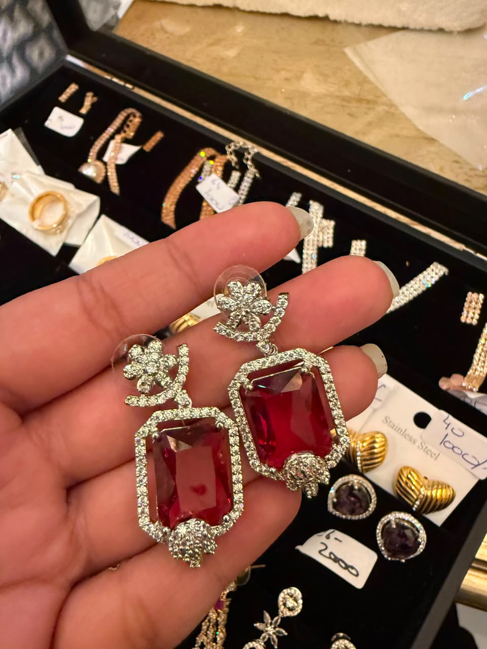 Ruby Royale Geometric Drop Earrings